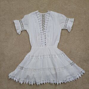 White Lace Eyelet Flutter Sleeve Dress Size Small Cottagecore Boho Mini